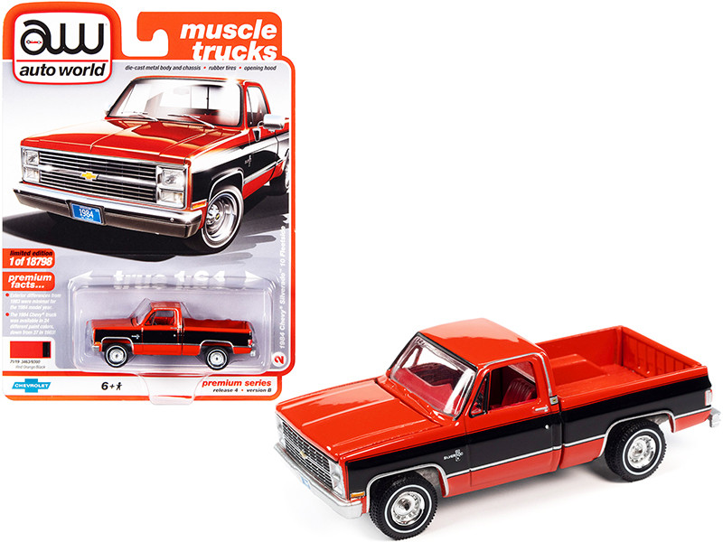 1984 Chevrolet Silverado 10 Fleetside Pickup Truck Red Orange with Black Metallic Sides 