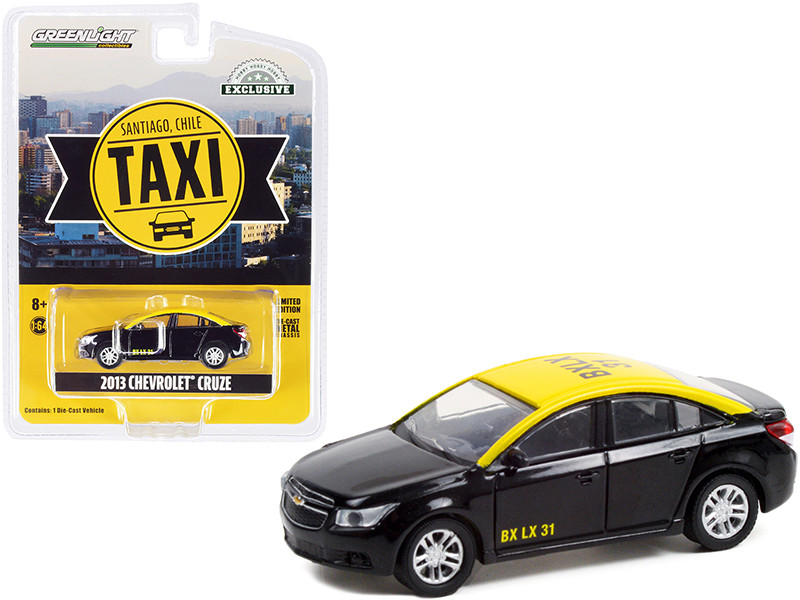 2013 Chevrolet Cruze Black with Yellow Top Taxi Santiago Chile Hobby Exclusive 1/64 Diecast Model Car Greenlight 30282