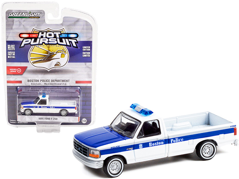 1995 Ford F-250 Pickup Truck White and Blue Boston Police Department Massachusetts Hot Pursuit Series 40 1/64 Diecast Model Car Greenlight 42980 C