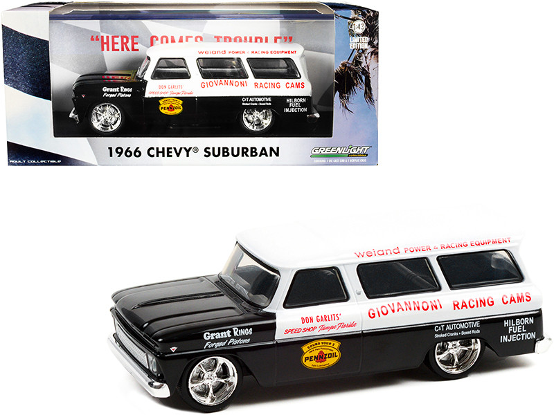 1966 Chevrolet Suburban Black and White Don Garlits' Speed Shop Tampa Florida Giovannoni Racing Cams 1/43 Diecast Model Car Greenlight 86347