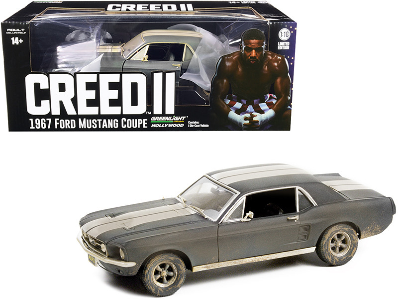 1967 Ford Mustang Coupe Matt Black White Stripes Weathered Adonis Creed's Creed II 2018 Movie 1/18 Diecast Model Car Greenlight 13626