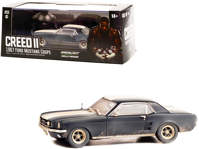 1967 Ford Mustang Coupe Matt Black White Stripes Weathered Adonis Creed's Creed II 2018 Movie 1/43 Diecast Model Car Greenlight 86621