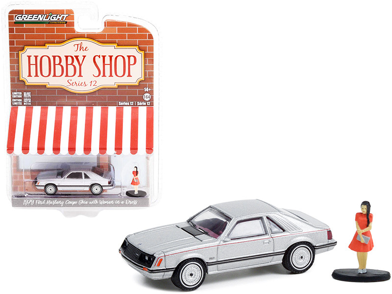 1979 Ford Mustang Coupe Ghia Silver Metallic Woman in a Dress Figurine The Hobby Shop Series 12 1/64 Diecast Model Car Greenlight 97120 B