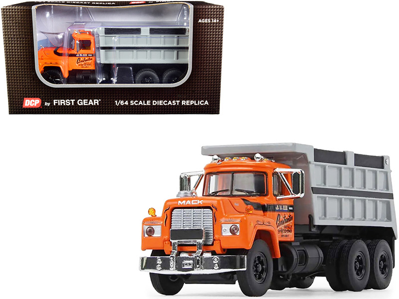 Mack R Model Tandem Axle Dump Truck J.V. III Construction Orange Gray 1/64 Diecast Model DCP/First Gear 60-1177