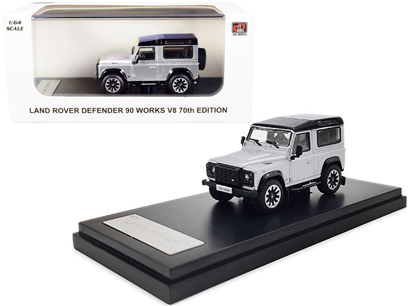 Land Rover Defender 90 Works V8 Silver Metallic Black Top 70th Edition 1/64 Diecast Model Car LCD Models LCD64016