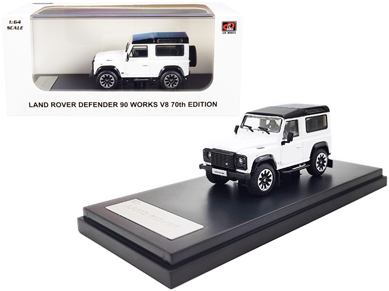 Land Rover Defender 90 Works V8 White Black Top 70th Edition 1/64 Diecast Model Car LCD Models LCD64016