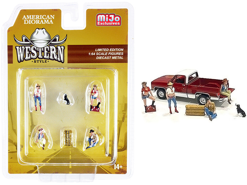 Western Style 6 piece Diecast Set 4 Figurines 2 Accessories 1/64 Scale Models American Diorama 76485