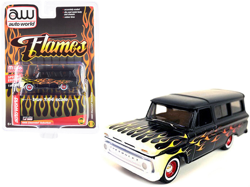 1965 Chevrolet Suburban Custom Matt Black Flames Limited Edition 3600 pieces Worldwide 1/64 Diecast Model Car Auto World CP7832