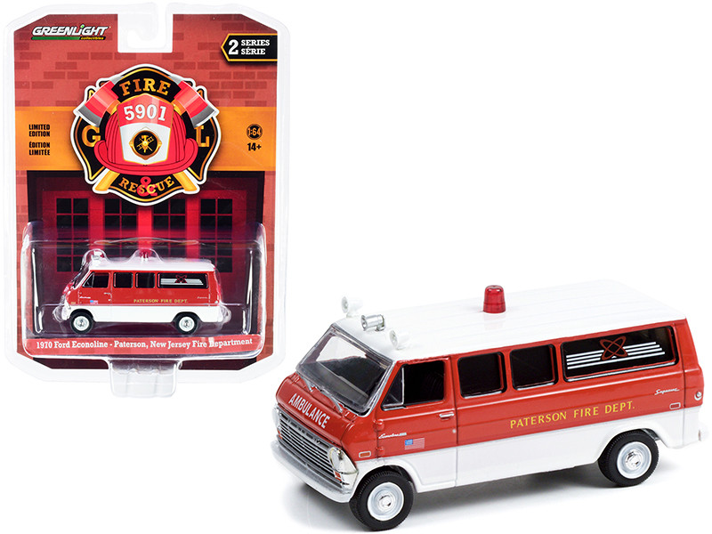 1970 Ford Econoline Bus Red and White Paterson Fire Department New Jersey Fire & Rescue Series 2 1/64 Diecast Model Car Greenlight 67020 A