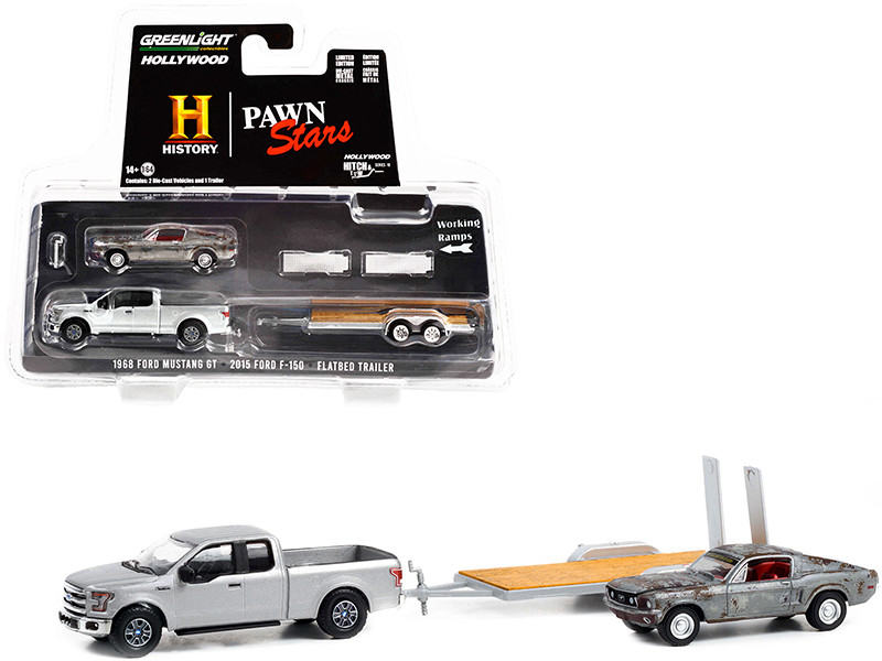 2015 Ford F-150 Pickup Truck Silver Metallic 1968 Ford Mustang GT Fastback Unrestored Flatbed Trailer Pawn Stars 2009 TV Series Hollywood Hitch & Tow Series 10 1/64 Diecast Model Cars Greenlight 31130 B
