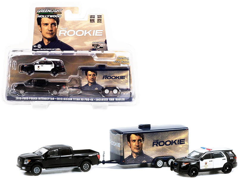 2019 Nissan Titan XD Pro-4X Pickup Truck Black 2013 Ford Police Interceptor Utility Black White Los Angeles Police Department LAPD Enclosed Car Hauler The Rookie 2018 TV Series Hollywood Hitch & Tow Series 10 1/64 Diecast Model Cars Greenlight 31130 C