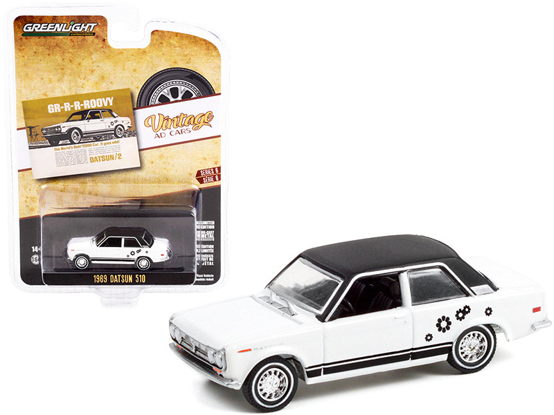 1969 Datsun 510 White Black with Graphics GR-R-R-ROOVY The World's Best $2000 Car. It Goes Wild! Vintage Ad Cars Series 6 1/64 Diecast Model Car Greenlight 39090 A