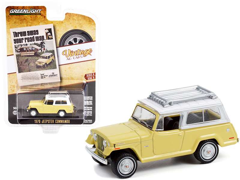 1970 Jeep Jeepster Commando Roof Rack Yellow White Top Throw Away Your Road Map Vintage Ad Cars Series 6 1/64 Diecast Model Car Greenlight 39090 D