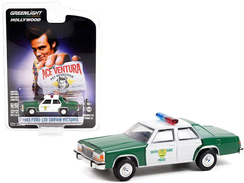 1983 Ford LTD Crown Victoria Green and White Miami-Dade Police Department Ace Ventura Pet Detective 1994 Movie Hollywood Series Release 33 1/64 Diecast Model Car Greenlight 44930 B