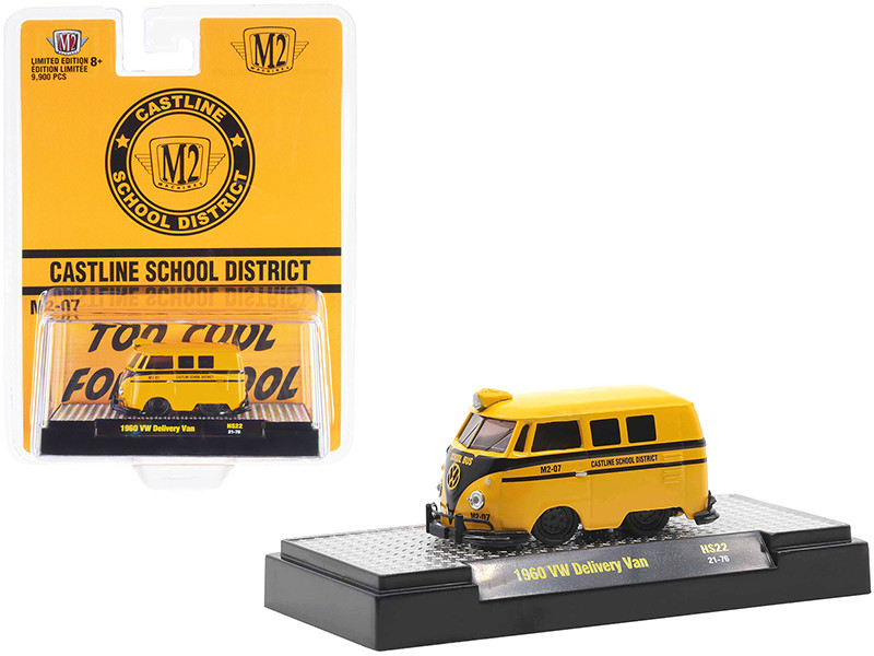 1960 Volkswagen Delivery Van School Bus Yellow Black Stripes Castline School District Limited Edition 9900 pieces Worldwide 1/64 Diecast Model Car M2 Machines 31500-HS22