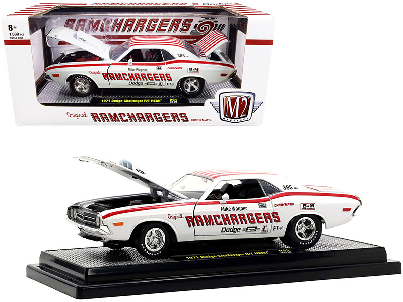 1971 Dodge Challenger R/T HEMI Ramchargers Bright White Pearl Red Stripes Graphics Limited Edition 7000 pieces Worldwide 1/24 Diecast Model Car M2 Machines 40300-91 B