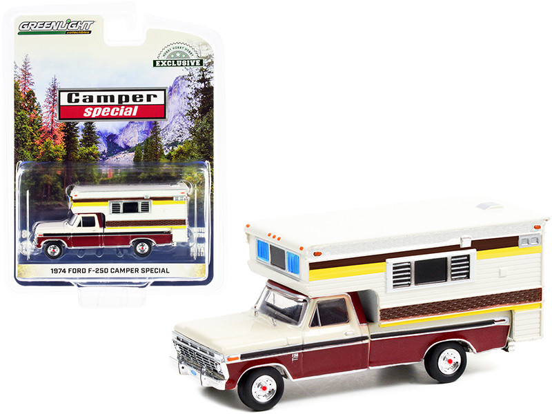 1974 Ford F-250 Pickup Truck Large Camper Candy Apple Red Wimbledon White Camper Special Hobby Exclusive 1/64 Diecast Model Car Greenlight 30287