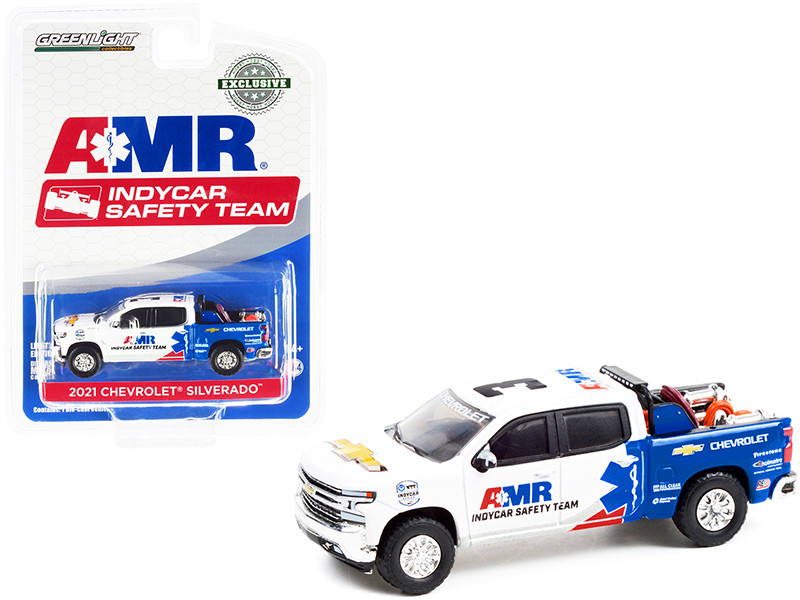 2021 Chevrolet Silverado Pickup Truck AMR IndyCar Safety Team Safety Equipment in Truck Bed NTT IndyCar Series 2021 Hobby Exclusive 1/64 Diecast Model Car Greenlight 30317