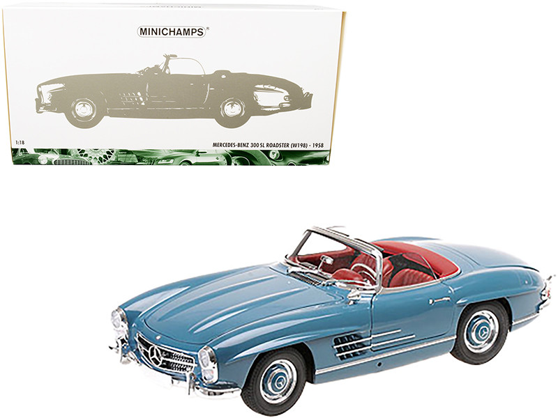 1958 Mercedes Benz 300 SL (W198) Roadster Blue with Red Interior 1/18 Diecast Model Car by Minichamps