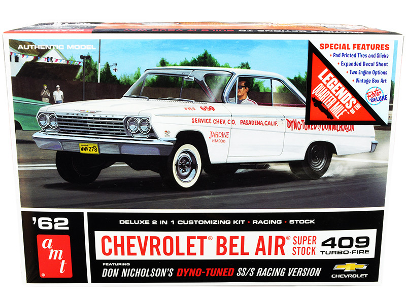 Skill 2 Model Kit 1962 Chevrolet Bel Air Super Stock 409 Turbo-Fire Don Nicholson's 2-in-1 Kit Legends of the Quarter Mile 1/25 Scale Model AMT AMT1283