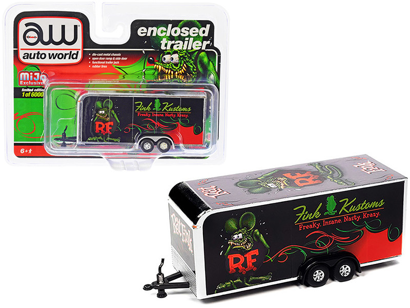 4-Wheel Enclosed Car Trailer Black Silver Top and Graphics Rat Fink Limited Edition 6000 pieces Worldwide 1/64 Diecast Model Auto World CP7894