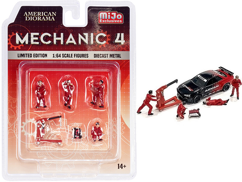Mechanic 4 6 piece Diecast Set 4 Figurines 2 Accessories 1/64 Scale Models American Diorama 76487