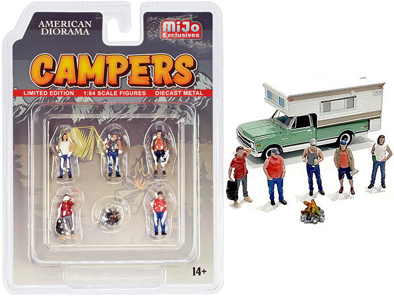 Campers 6 piece Diecast Set 5 Figurines 1 Accessory 1/64 Scale Models American Diorama 76489