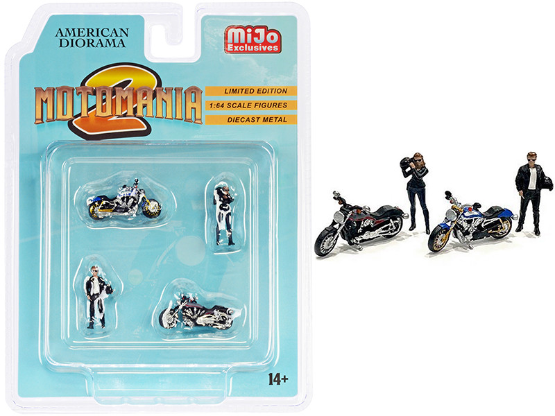 Motomania 2 4 piece Diecast Set 2 Figurines 2 Motorcycles 1/64 Scale Models American Diorama 76490