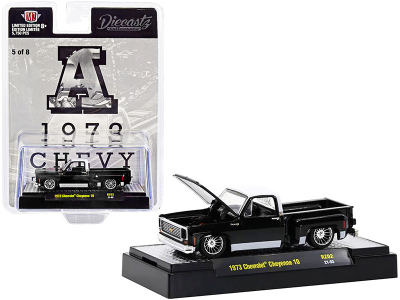 1973 Chevrolet Cheyenne 10 Pickup Truck A Black White Top and Stripes Diecastz Collectors Riverside Show Exclusives Limited Edition 5750 pieces Worldwide 1/64 Diecast Model Car M2 Machines 31500-RZ02-A