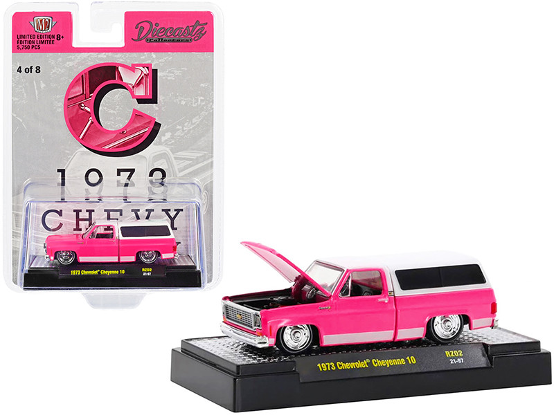 1973 Chevrolet Cheyenne 10 Pickup Truck Camper Shell C Bright Pink White Top and Stripes Diecastz Collectors Riverside Show Exclusives Limited Edition 5750 pieces Worldwide 1/64 Diecast Model Car M2 Machines 31500-RZ02-C