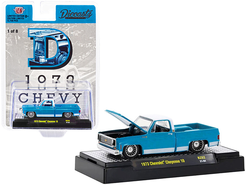 1973 Chevrolet Cheyenne 10 Pickup Truck D Baby Blue White Top and Stripes Diecastz Collectors Riverside Show Exclusives Limited Edition 5750 pieces Worldwide 1/64 Diecast Model Car M2 Machines 31500-RZ02-D