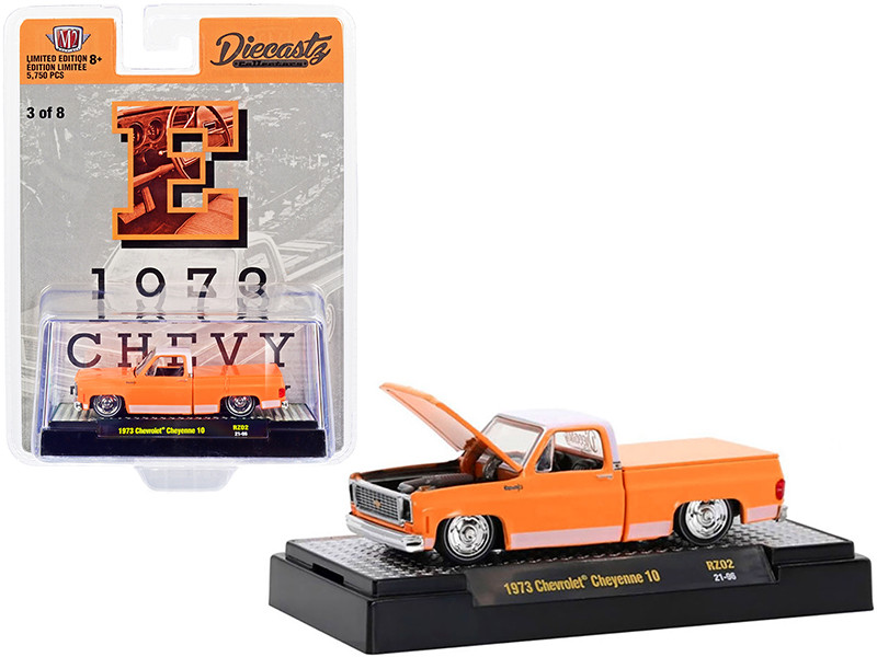 1973 Chevrolet Cheyenne 10 Pickup Truck Bed Cover E Orange White Top and Stripes Diecastz Collectors Riverside Show Exclusives Limited Edition 5750 pieces Worldwide 1/64 Diecast Model Car M2 Machines 31500-RZ02-E