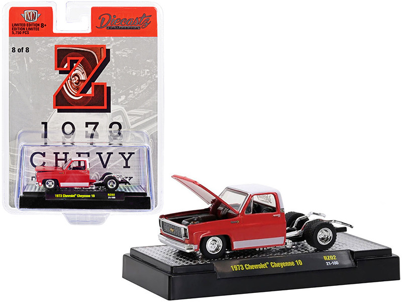 1973 Chevrolet Cheyenne 10 Bedless Truck Z Red White Top and Stripes Diecastz Collectors Riverside Show Exclusives Limited Edition 5750 pieces Worldwide 1/64 Diecast Model Car M2 Machines 31500-RZ02-Z