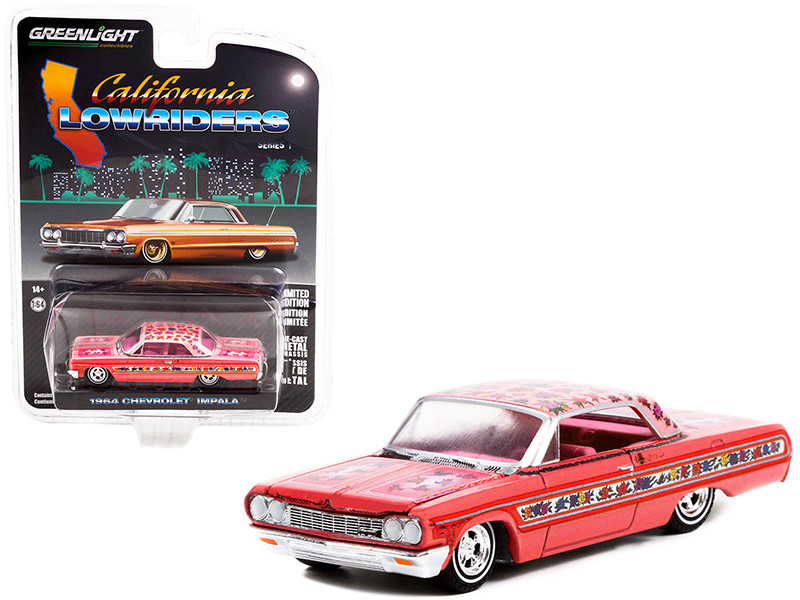 1964 Chevrolet Impala Lowrider Pink Metallic Rose Graphics Pink Interior California Lowriders Release 1 1/64 Diecast Model Car Greenlight 63010 A