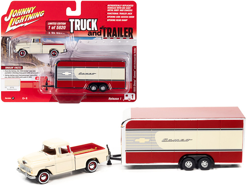 1955 Chevrolet Cameo Pickup Truck Bombay Ivory with Enclosed Car Trailer Limited Edition to 5820 pieces Worldwide 