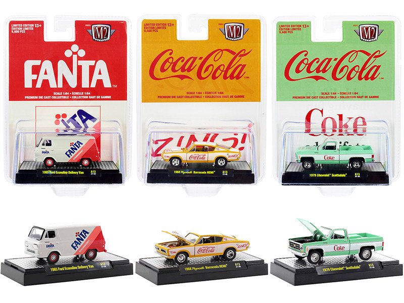 Coca-Cola & Fanta Set of 3 pieces Release 13 Limited Edition 9600 pieces Worldwide 1/64 Diecast Model Cars M2 Machines 52500-A13