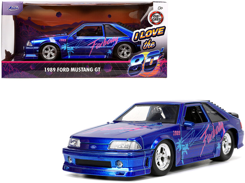 1989 Ford Mustang GT Fox Body Candy Blue with Graphics I Love the 1980's Series 1/24 Diecast Model Car Jada 31379