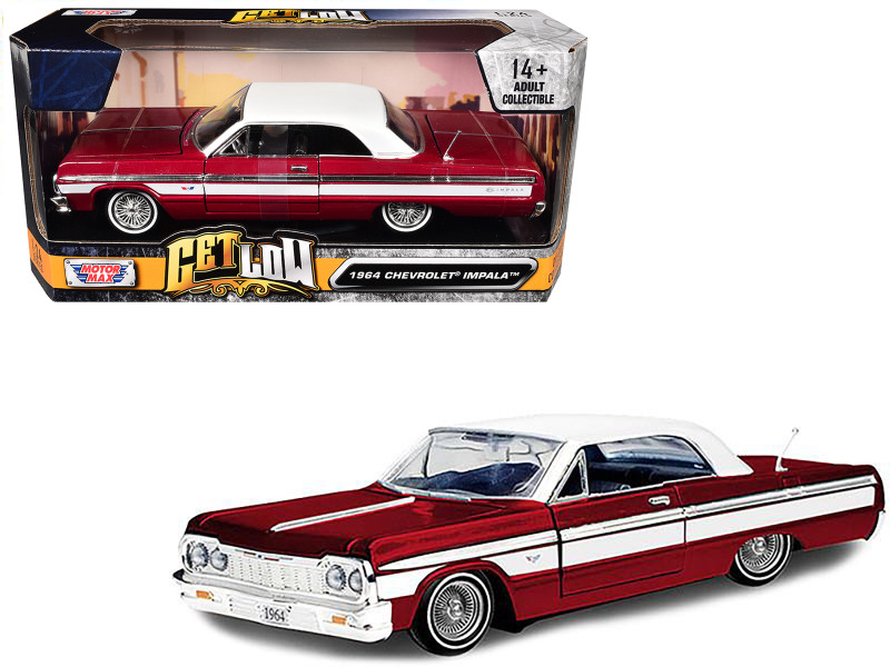 1964 Chevrolet Impala Lowrider Hard Top Candy Red Metallic White Top Get Low Series 1/24 Diecast Model Car Motormax 79021