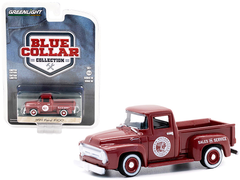 1954 Ford F-100 Pickup Truck Burgundy Indian Motorcycle Sales & Service Blue Collar Collection Series 10 1/64 Diecast Model Car Greenlight 35220 A