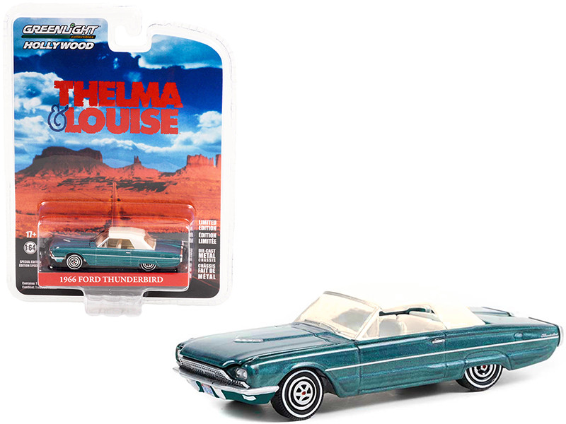 1966 Ford Thunderbird Convertible Top-Up Blue Metallic White Top Thelma & Louise 1991 Movie Hollywood Special Edition 1/64 Diecast Model Car Greenlight 44945 A
