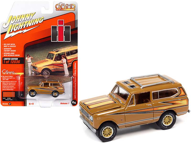 1979 International Scout II Midas Edition Rallye Gold with Graphics Classic Gold Collection Series Limited Edition 12036 pieces Worldwide 1/64 Diecast Model Car Johnny Lightning JLCG028-JLSP223 B