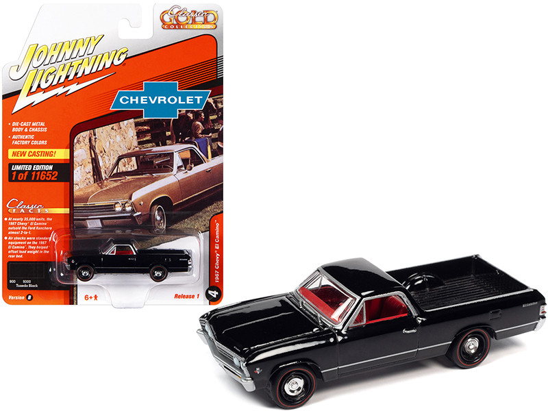1967 Chevrolet El Camino Tuxedo Black Red Interior Classic Gold Collection Series Limited Edition 11652 pieces Worldwide 1/64 Diecast Model Car Johnny Lightning JLCG028-JLSP225 B
