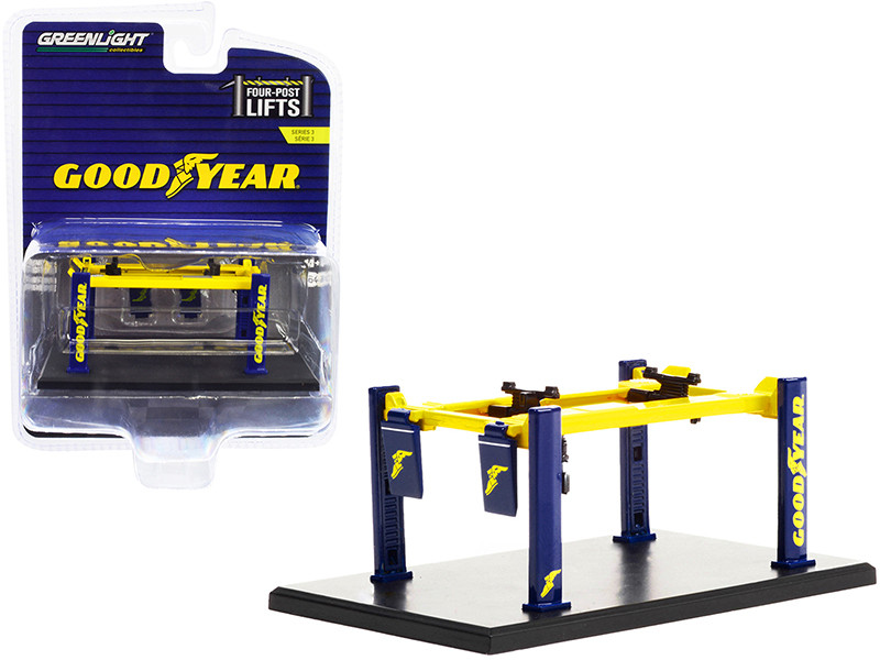 Adjustable Four-Post Lift Goodyear Tires Blue Yellow Four-Post Lifts Series 3 1/64 Diecast Model Greenlight 16130 A