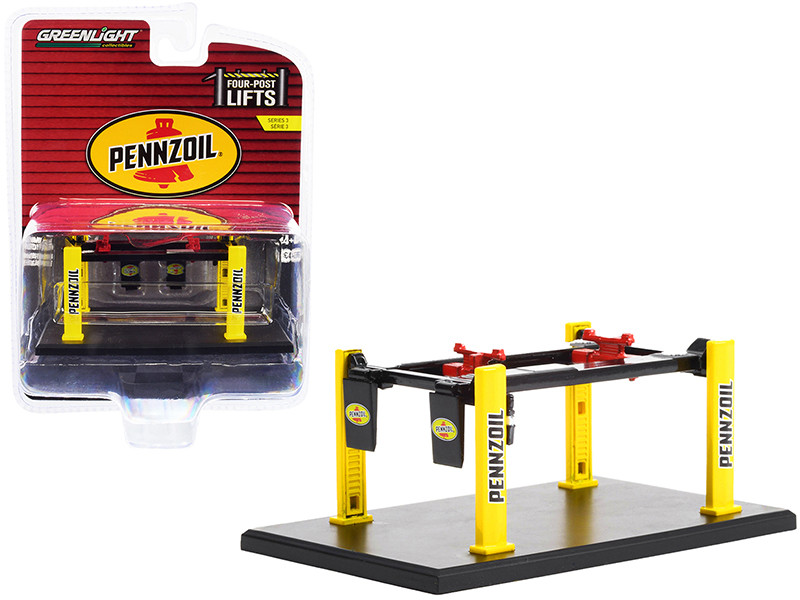 Adjustable Four-Post Lift Pennzoil Black Yellow Four-Post Lifts Series 3 1/64 Diecast Model Greenlight 16130 C