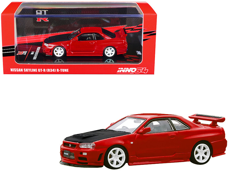 Nissan Skyline GT-R R34 R-Tune RHD Right Hand Drive Active Red Carbon Hood Extra Wheels 1/64 Diecast Model Car Inno Models IN64-R34RT-ARED