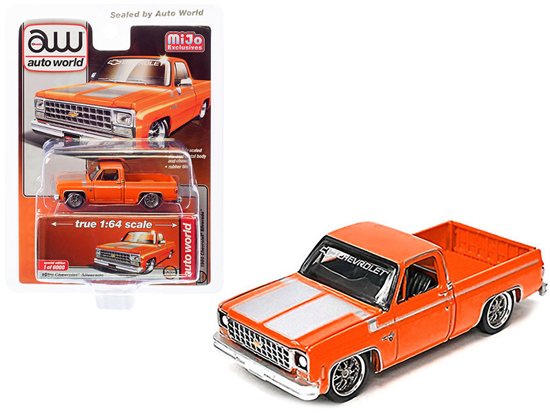 1980 Chevrolet Silverado Pickup Truck Orange Metallic with Silver Stripes Limited Edition to 6000 pieces Worldwide 1/64 Diecast Model Car by Auto World