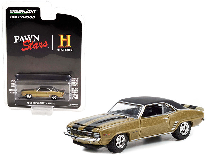1969 Chevrolet Camaro Z/28 Gold Metallic Black Top and Stripes Pawn Stars 2009 TV Series Hollywood Series Release 35 1/64 Diecast Model Car Greenlight 44950 C