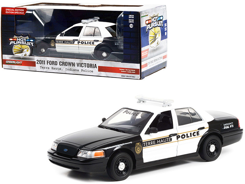 2011 Ford Crown Victoria Police Interceptor Black White Terre Haute Police Indiana Hot Pursuit Special Edition 1/24 Diecast Model Car Greenlight 84124