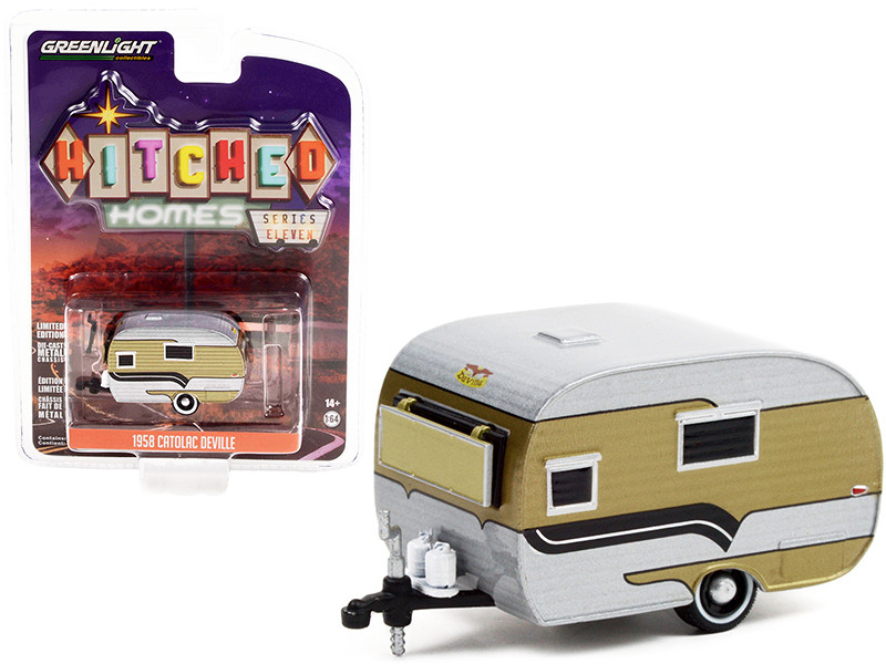 1958 Catolac DeVille Travel Trailer Gold Aluminum Metallic Black Stripes Hitched Homes Series 11 1/64 Diecast Model Greenlight 34110 B