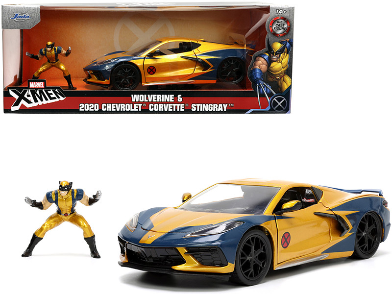 2020 Chevrolet Corvette C8 Stingray Gold Metallic Dark Blue Wolverine Diecast Figurine X-Men Marvel Series Hollywood Rides 1/24 Diecast Model Car Jada 33354